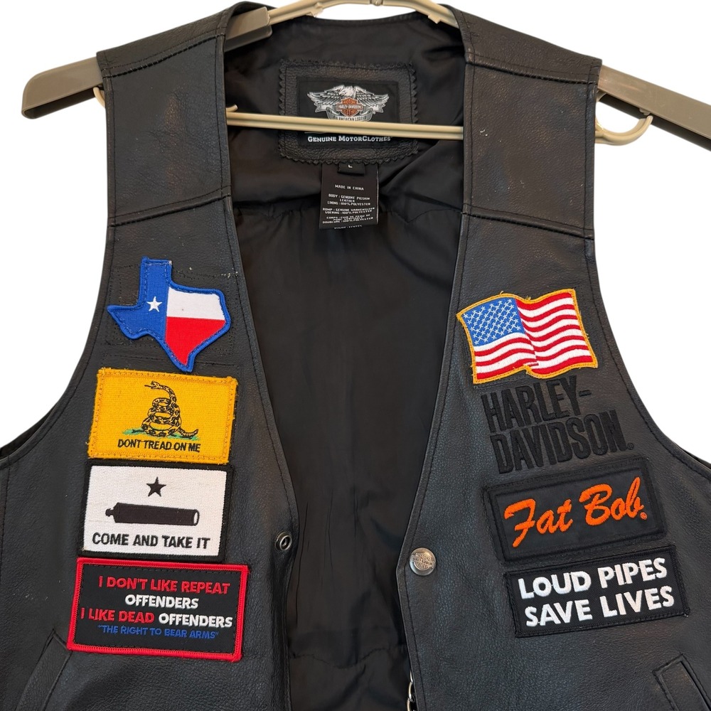 Harley Davidson Men Black Leather Biker Vest Extenders Patches Motorcycle Large - Picture 4 of 14